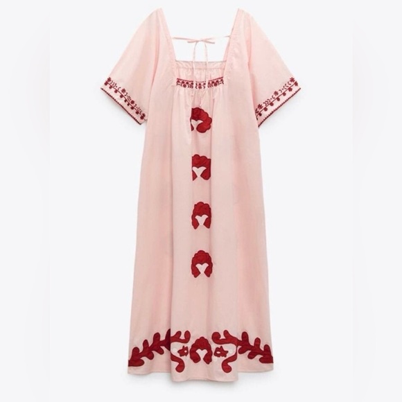 Zara Dresses & Skirts - Zara Embroidered Pink and Red Dress - Limited Edition